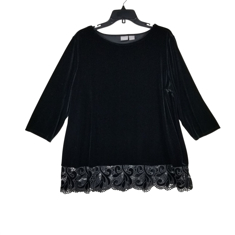Chico's Travelers Tunic Women Size 3 Black Velvet Lace Hem 3/4 Sleeve Top